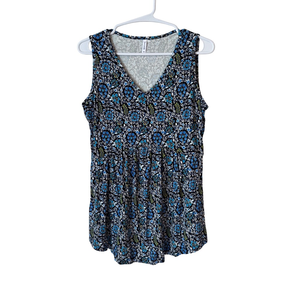 Tencede Womens Blue Black Floral V-Neck Empire Waist Sleeveless Babydoll Top M